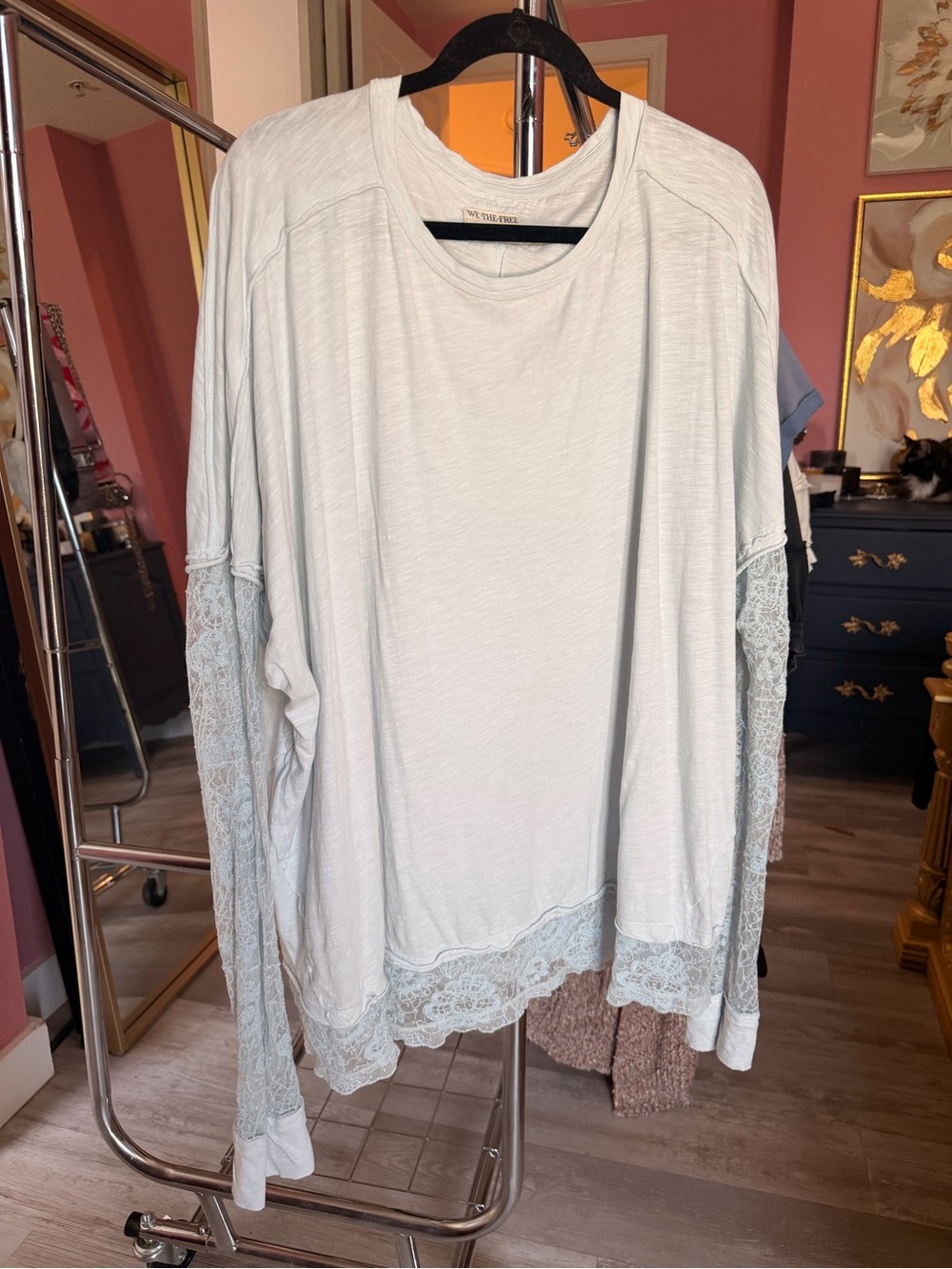Light Blue Lace-Trim Long Sleeve Women's Top